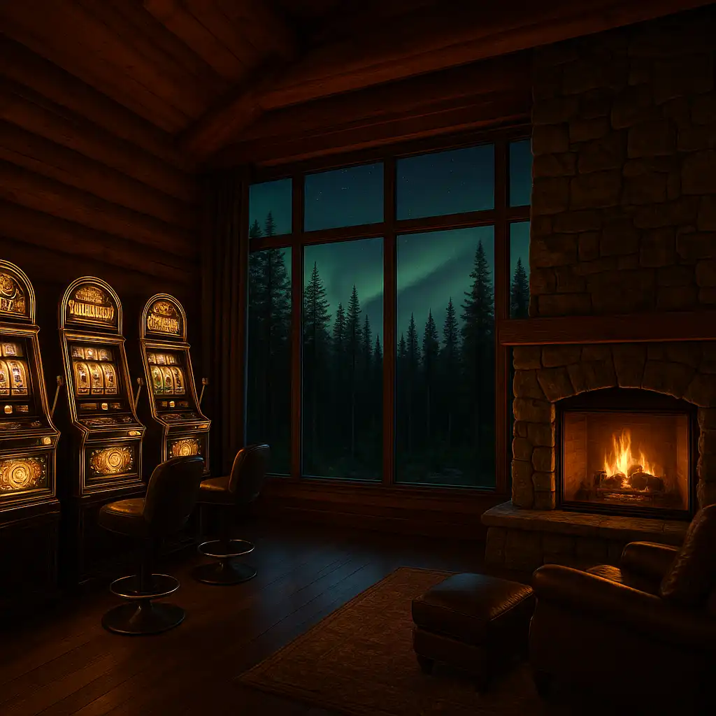 Luxury casino lodge interior with stone fireplace, timber walls and slot machines under the northern lights