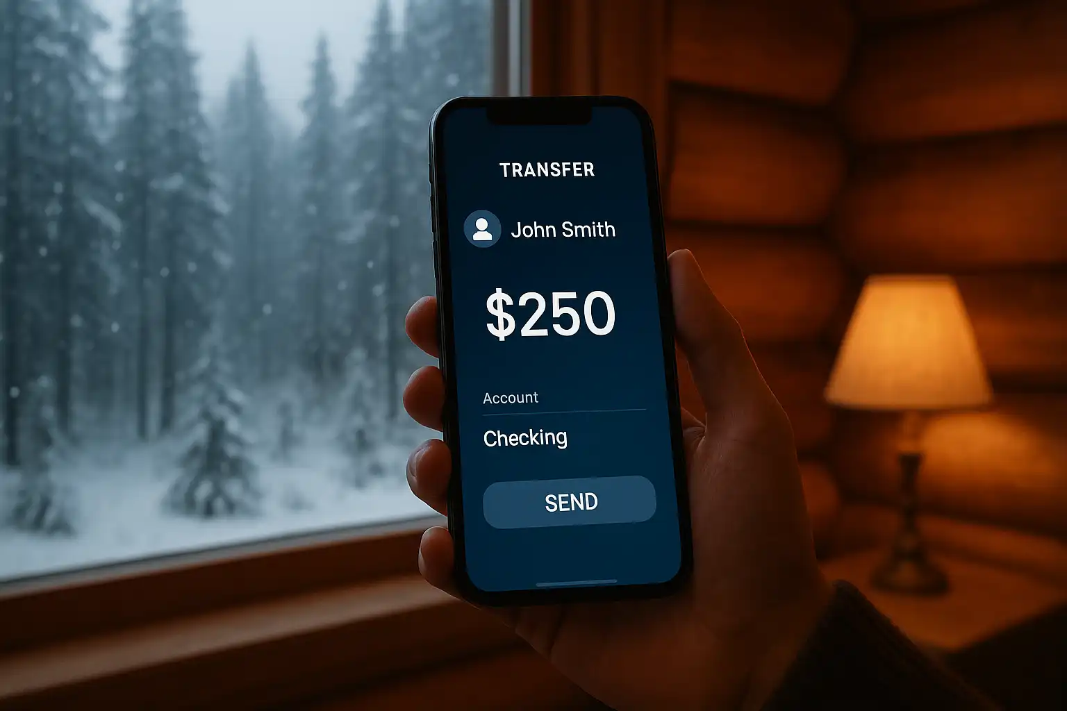 Smartphone showing an Interac e-Transfer banking app with a snowy pine forest visible through a window
