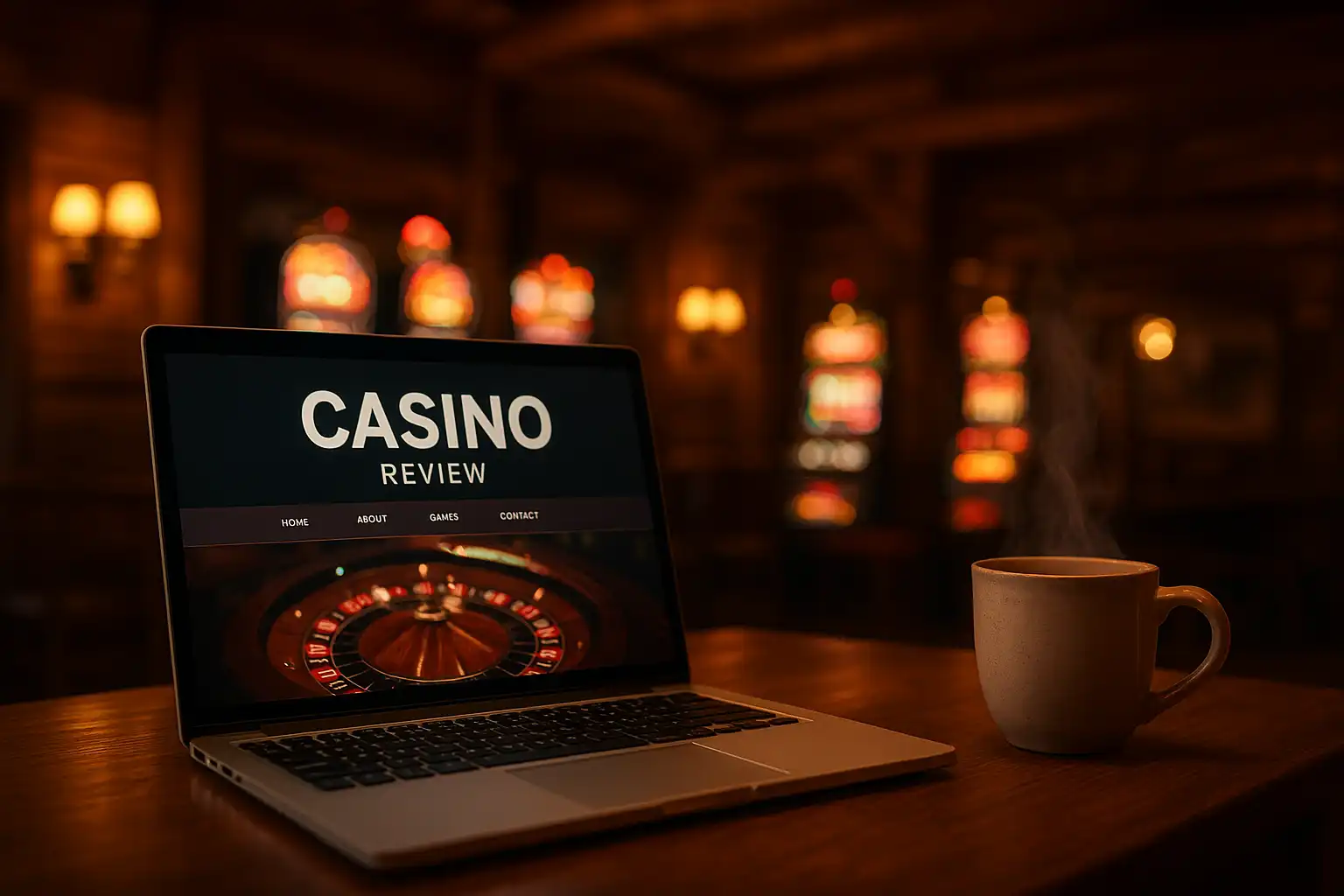 Casino review desk with a laptop, coffee mug and slot machine reflections in a lodge setting