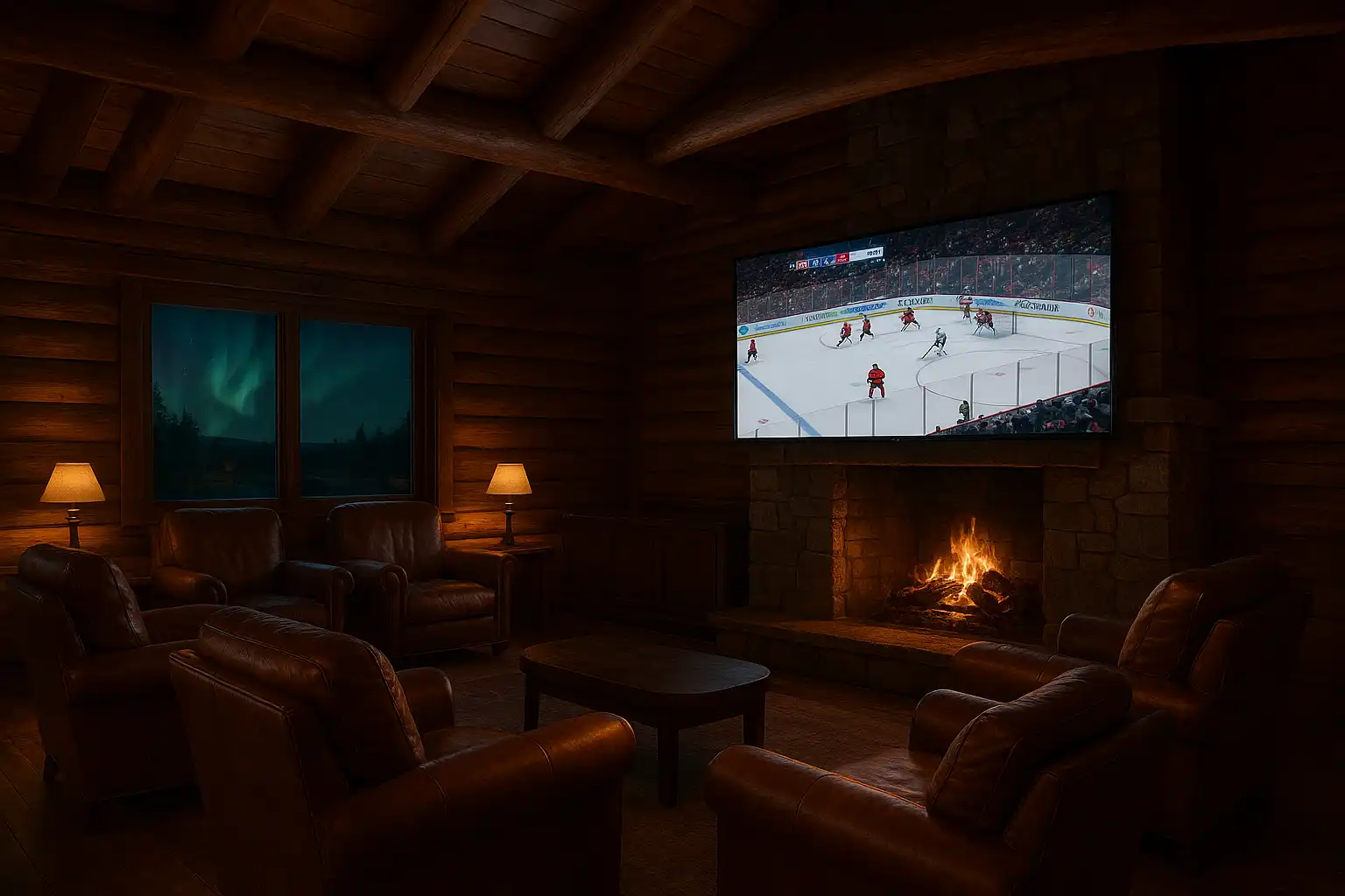 Sportsbook betting board inside a wood-panelled lodge lounge with hockey game displayed on screen