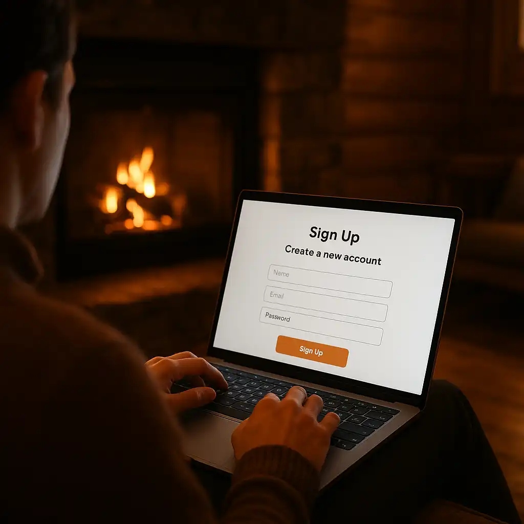 Player registering a new BetMoosh account on a laptop by the fireplace